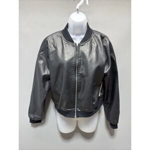 New No Boundaries Faux Leather Bomber Jacket Size L 12-14 Black Full Zipper